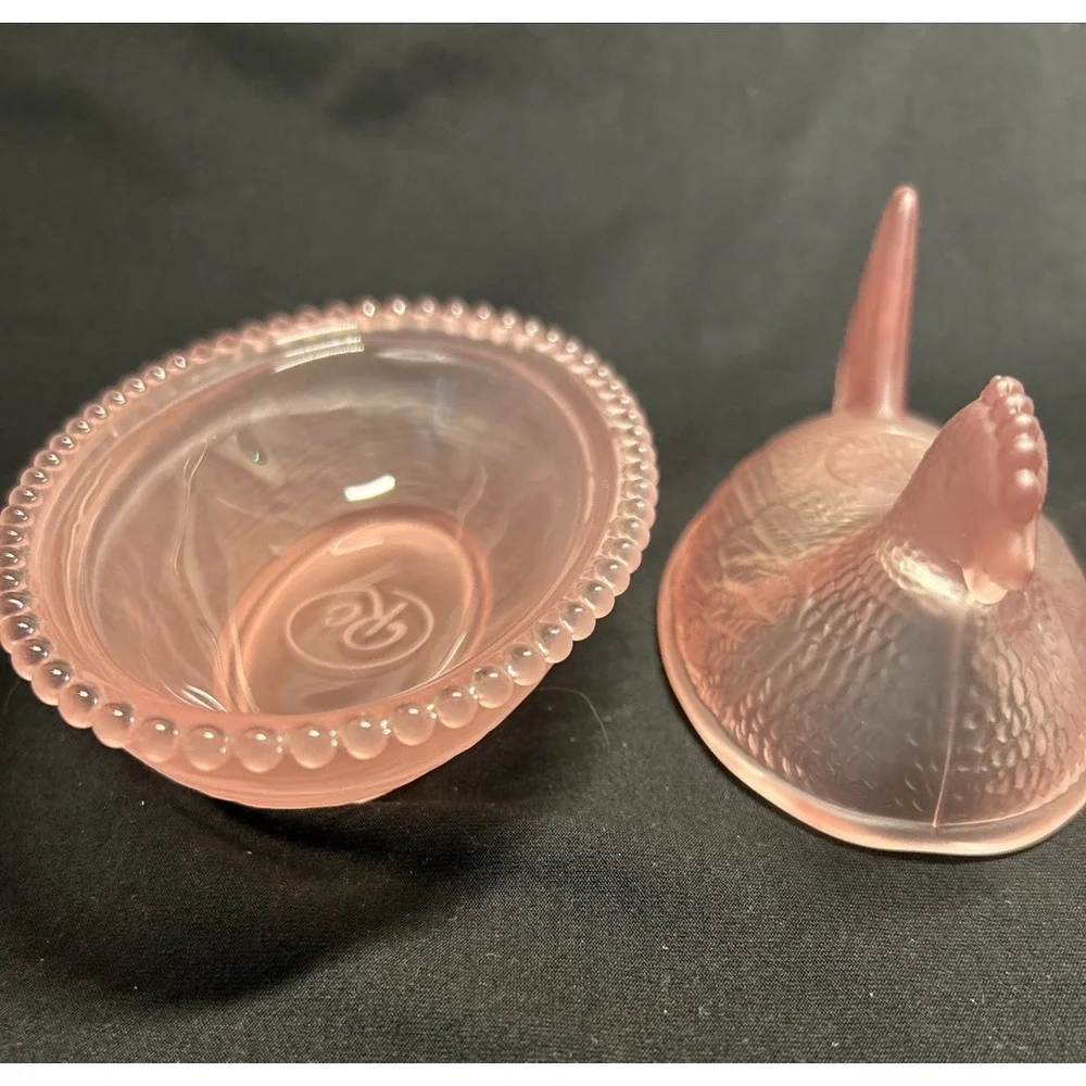 Satin Pink Hen On Nest By Rose's Closet, W/ Box & Sticker, Real Glass Hen CG25